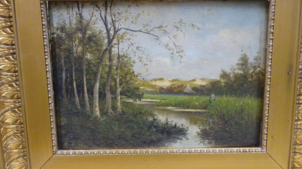 Oud schilderij - vredig landschap., Ophalen of Verzenden