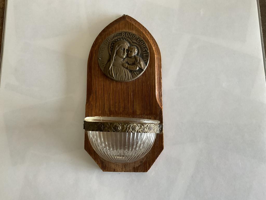 Wijwater bakje op eiken plaat zie onder :, Antiek en Kunst, Ophalen of Verzenden