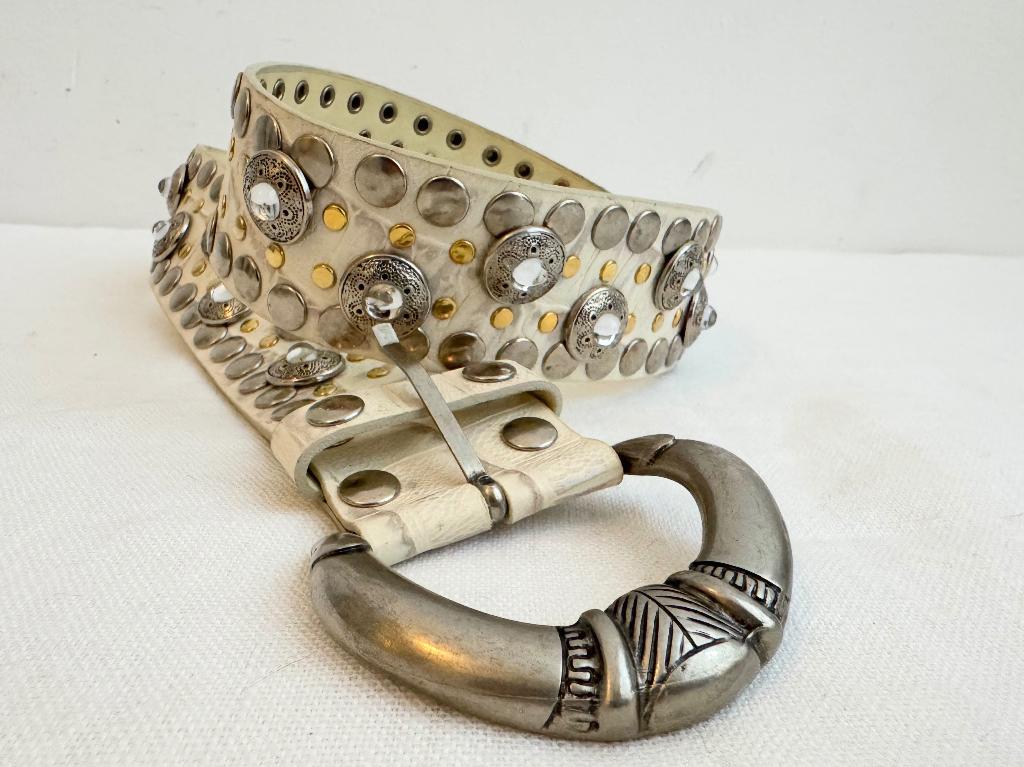 Nanni Milano witte bewerkte riem leer vintage 90 cm, Kleding | Dames, Riemen en Ceinturen, Ophalen of Verzenden, Zo goed als nieuw