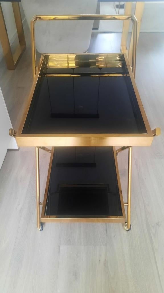 Gouden serveerwagen met twee zwarte glasplaten, Ophalen, Zo goed als nieuw