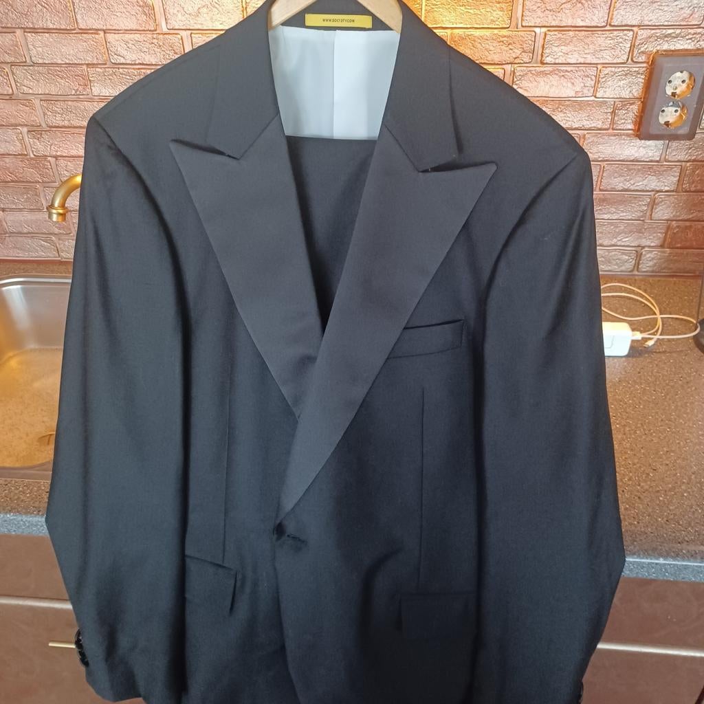 Compleet Smoking pak met blouse (examenfeest/ bruiloft), Ophalen of Verzenden, Zo goed als nieuw, Maat 52/54 (L), Zwart