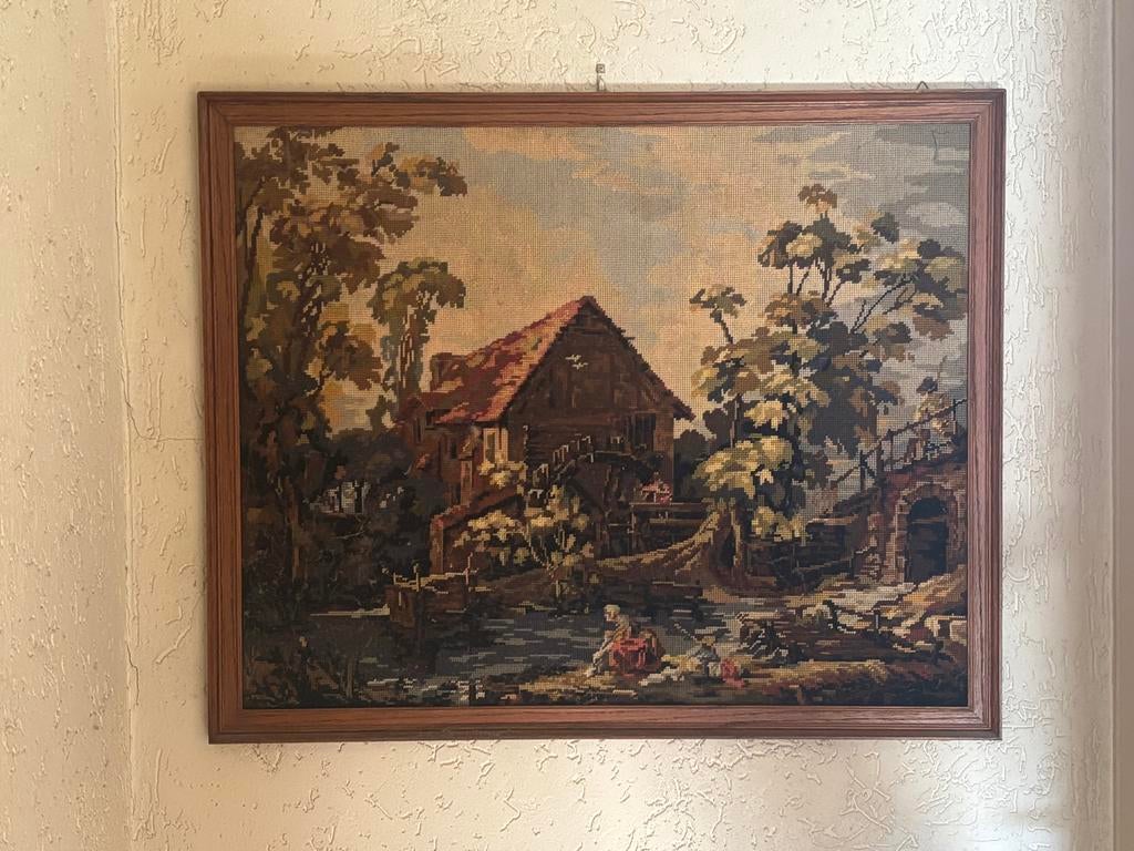 Vintage wandtapijt met molenlandschap, Antiek en Kunst, Ophalen