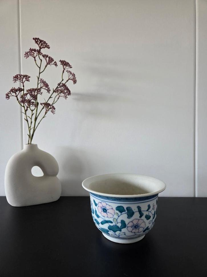 Vintage porseleinen bloempotje / plantenpot - bloemenmotief, Tuin en Terras, Bloempotten, Gebruikt, Aardewerk, Minder dan 40 cm