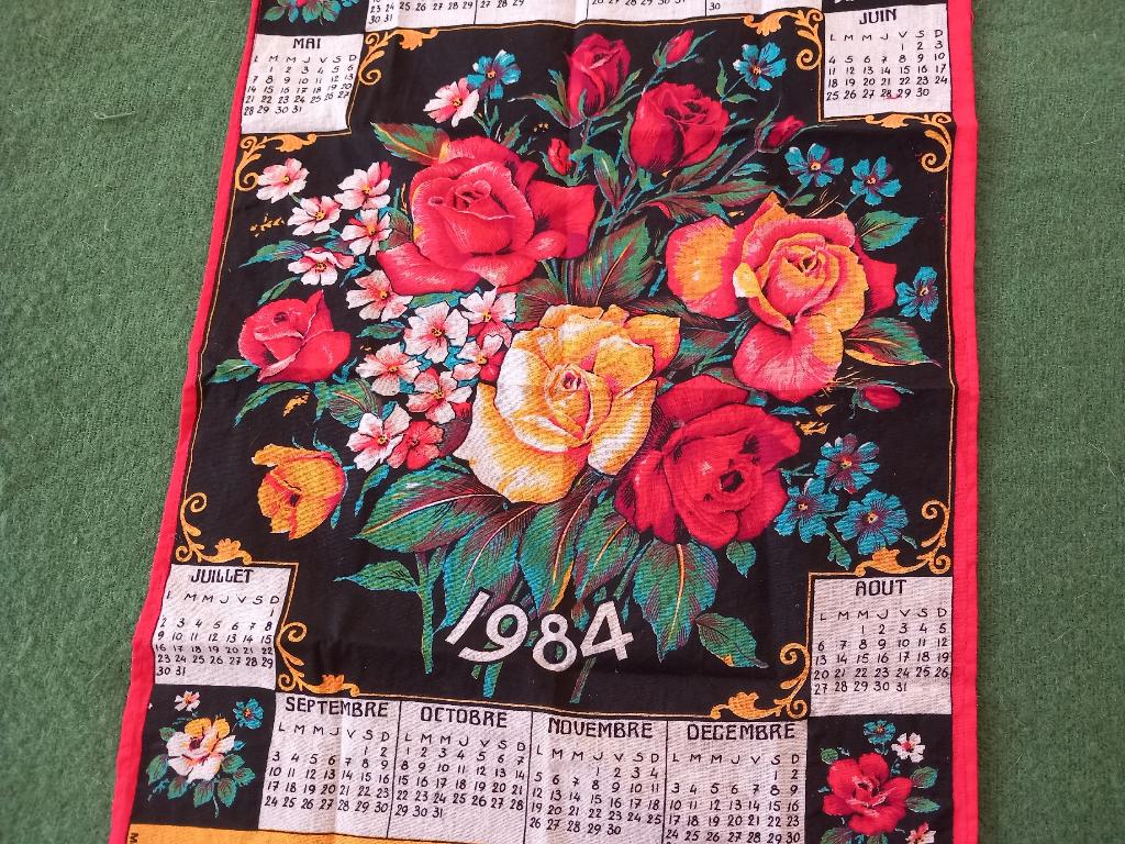 vintage Franse theedoek, katoen overdoek, jaarkalender, 1984, Ophalen of Verzenden
