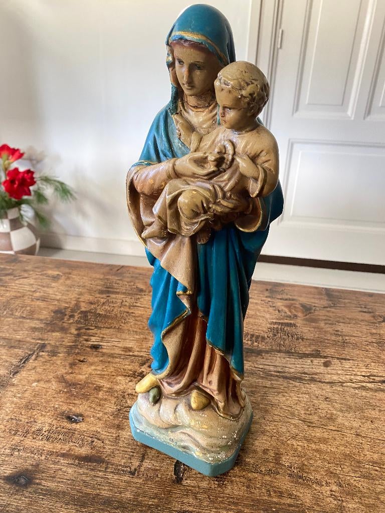 Brocante groot gipsen beeld van Maria met kind, Ophalen of Verzenden