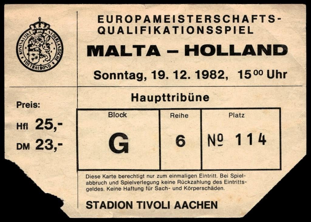 Ticket Malta Nederland 1982, Verzamelen, Sportartikelen en Voetbal, Ophalen of Verzenden, Overige binnenlandse clubs, Overige typen