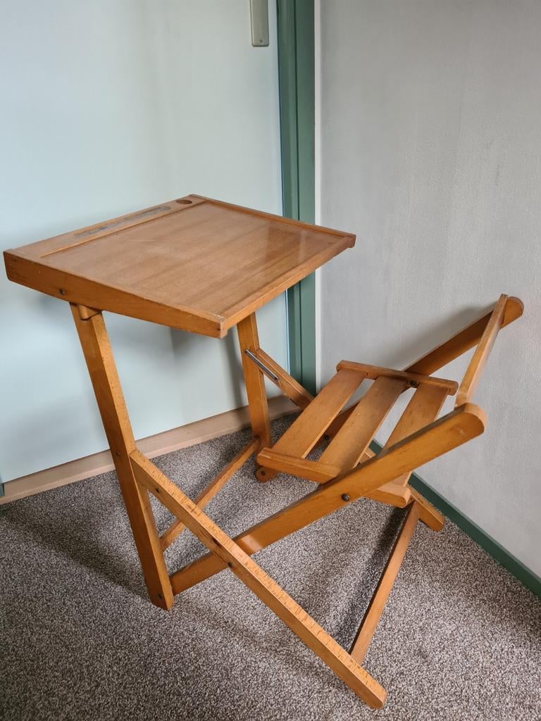 Antiek Frans schoolbankje met opklapbaar blad en stoel, Antiek en Kunst, Ophalen