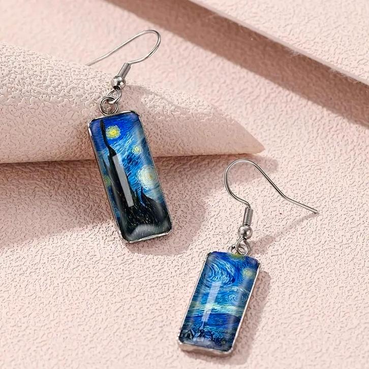 RVS oorbellen Van Gogh's Sterrennacht, Sieraden, Tassen en Uiterlijk, Oorbellen, Nieuw, Hangers, Overige materialen, Zilver, Ophalen of Verzenden