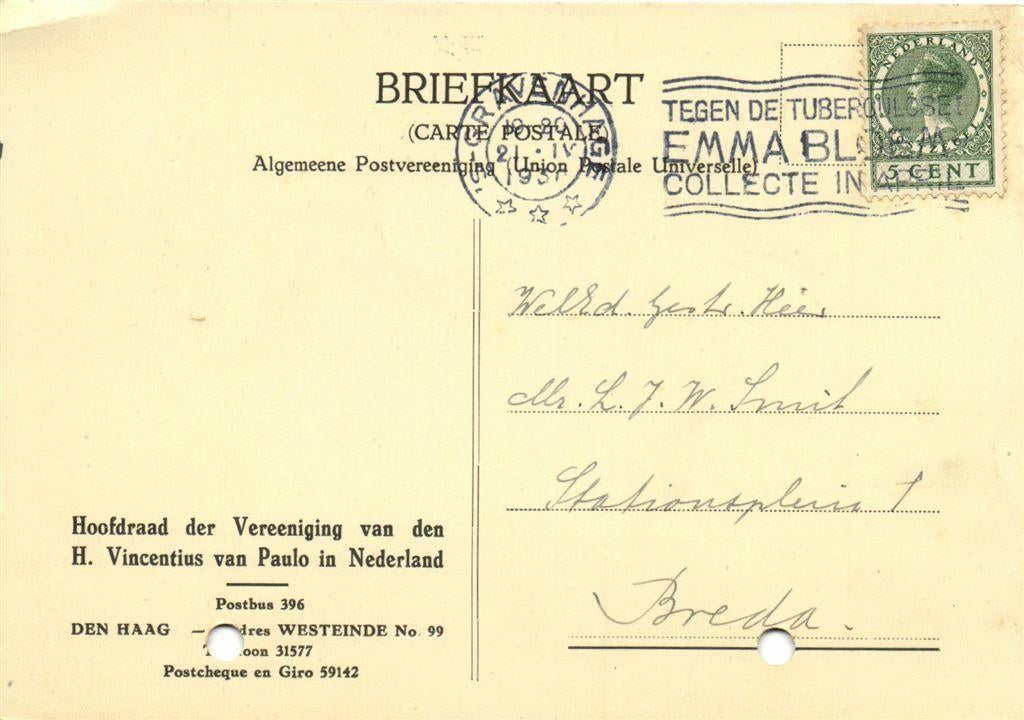 Hoofdraad H. Vincentius van Paulo in Nederland - 04.1930 - b, Ophalen of Verzenden, Briefkaart