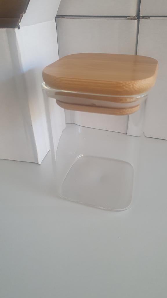 Vierkant glazen potjes met bamboe deksel, Huis en Inrichting, Keuken | Tupperware, Ophalen of Verzenden, Nieuw