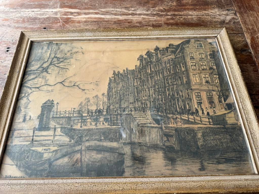 BA Bongers schilderij - Stadsgezicht met gracht, Ophalen of Verzenden