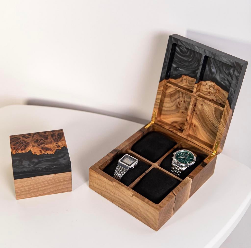 Luxe handgemaakte horlogebox van hout en epoxy–uniek design, Ophalen of Verzenden
