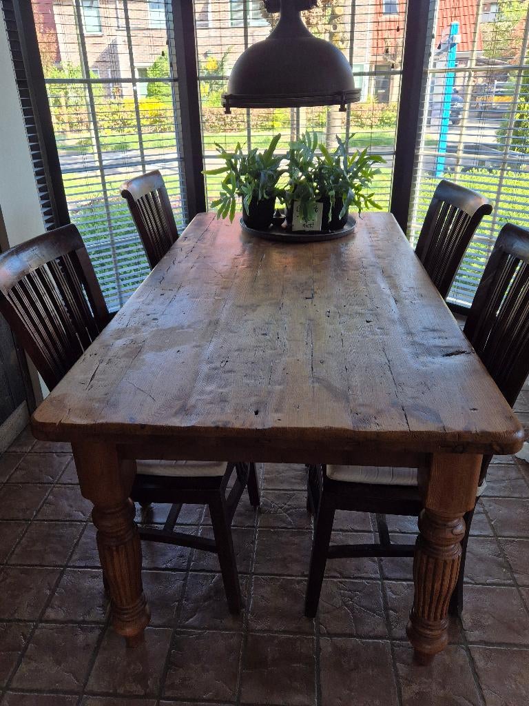 Antiek grenen tafel en 6 koloniale stoelen, Huis en Inrichting, Tafels | Eettafels, Gebruikt, 50 tot 100 cm, 200 cm of meer, Vijf personen of meer