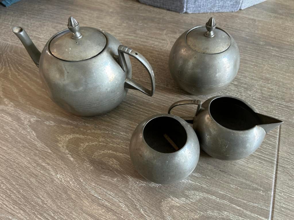 Antieke tinnen theepot met suikerpot en melkkan, Antiek en Kunst, Ophalen of Verzenden