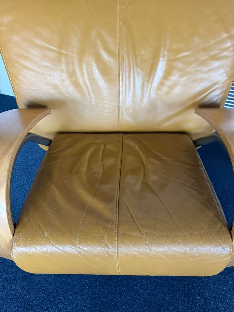 2 gele leren fautteuil., Huis en Inrichting, Fauteuils, Ophalen, Gebruikt, 100 tot 125 cm, Leer