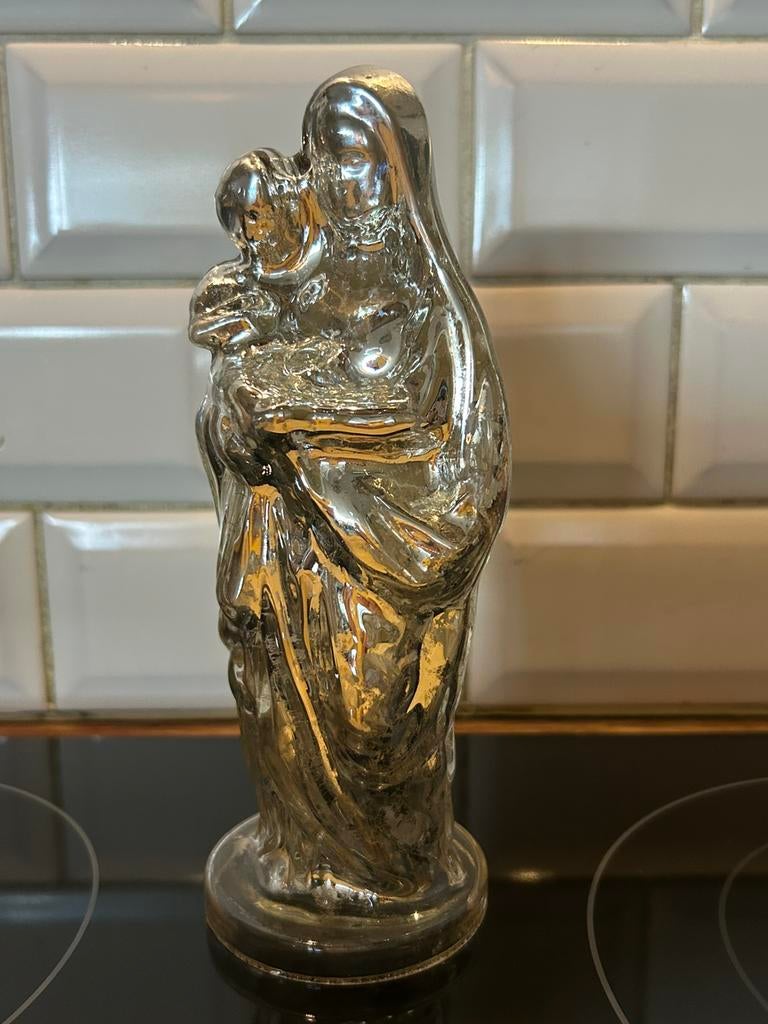 Vintage Glazen beeldje Madonna met kind armeluiszilver, Ophalen of Verzenden