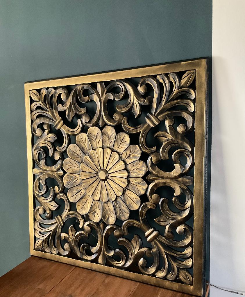 Wandpaneel zwart antiek goud vierkant 90x90 muur decoratie, Hout, Ophalen of Verzenden, Wandbord of Wandpaneel, Overige stijlen