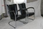 2 Mat Chroom Vintage '50 Gispen 412 Zwart Leren Fauteuils, Ophalen, Minder dan 75 cm, Gispen Culemborg, Zo goed als nieuw