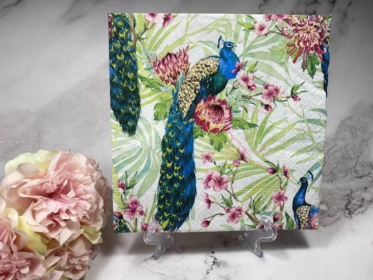 Knutsel servetten pauwen tropische bloemen decoupage 501, Hobby en Vrije tijd, Knutselen, Nieuw, Materiaal, Ophalen of Verzenden