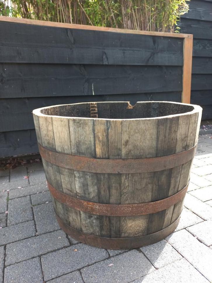 Half Whiskeyvat Eikenhouten Bloembak 100 liter, Tuin en Terras, Bloembakken en Plantenbakken, Nieuw, Hout, Balkon, Tuin, 30 tot 60 cm