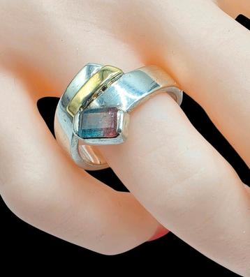 Prachtige Design Ring zilver & goud Toermalijn steen  beschikbaar voor biedingen