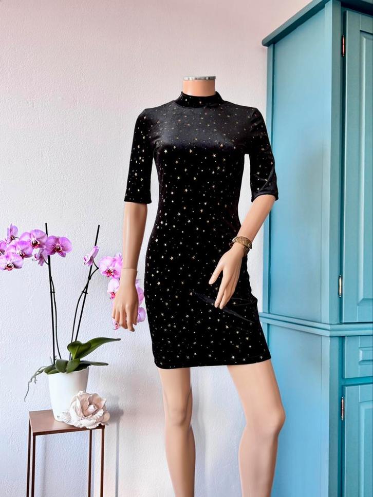 LOAVIES jurk maat S - zwart - fluweel - gouden sterren, Kleding | Dames, Jurken, Zo goed als nieuw, Maat 36 (S), Zwart, Boven de knie