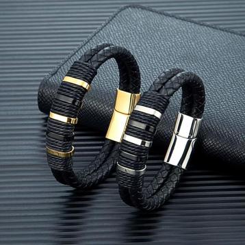 Zwarte Leren Stalen Gevlochten Heren Armband   beschikbaar voor biedingen