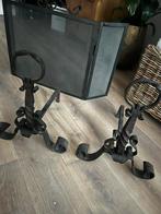 Antieke smeedijzeren vuurbokken +  haardrooster, Ophalen, Gebruikt, Vrijstaande haard, Houthaard