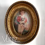 Vintage brocante zijden schilderij goudkleurige ovale lijst, Ophalen of Verzenden, Huis en Inrichting