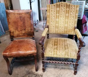 Antieke armstoel + antieke eetkamerstoel met schapenleder. beschikbaar voor biedingen