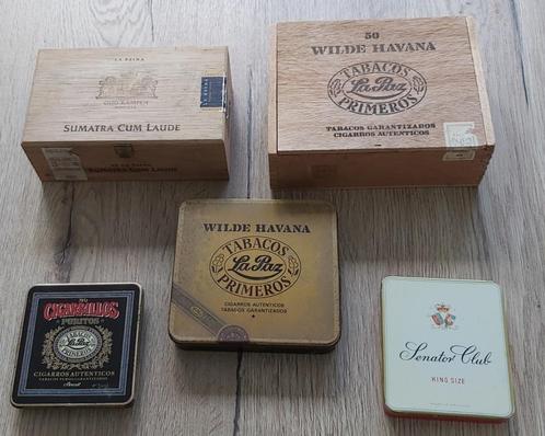 2 Oude Sigarenkistjes + 3 Oude Sigarenblikjes., Verzamelen, Rookartikelen, Aanstekers en Luciferdoosjes, Gebruikt, Tabaksdoos of Verpakking