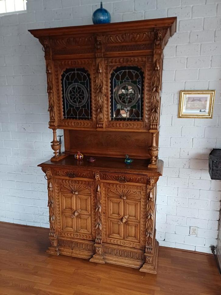 Antiek Eikenhouten Dressoir met Glas in Lood, Huis en Inrichting, Kasten | Buffetkasten, Minder dan 100 cm, 25 tot 50 cm, Eikenhout