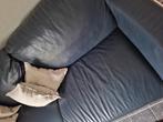 Blauw leren bank met kersenhouten poten, Ophalen, 150 tot 200 cm, Tweepersoons, 75 tot 100 cm