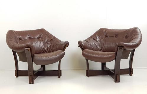 vintage brutalist fauteuils leer leather armchair Dansk, Huis en Inrichting, Fauteuils, Gebruikt, Leer, 50 tot 75 cm, 75 tot 100 cm