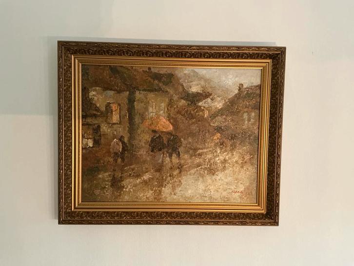 Olieschilderij Straatzicht - Gesigneerd Kerr, Antiek en Kunst, Kunst | Schilderijen | Klassiek, Ophalen