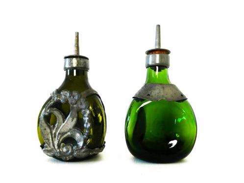 Groen glazen Gero flesjes knijpfles tin beslag Georg Nilsson, Antiek en Kunst, Antiek | Glas en Kristal, Ophalen of Verzenden