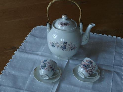 ANTIEKE BIEDERMEIER CHOCOLADE SCHENKKAN MET 2 KOP EN SCHOTEL, Antiek en Kunst, Antiek | Porselein, Ophalen of Verzenden