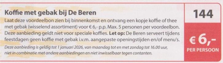 Koffie met gebak bij De Beren. € 6,- p.p. korting. Bon 144., Tickets en Kaartjes, Kortingen en Cadeaubonnen, Drie personen of meer