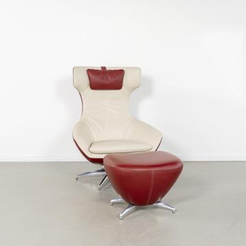 1x Leolux Caruzzo Fauteuil & Voetenbank Wit/Rood - Leer beschikbaar voor biedingen