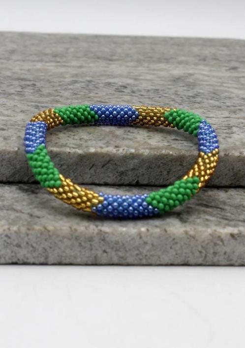 Glaskralen armband - groen, blauw en goud - RB218, Sieraden, Tassen en Uiterlijk, Armbanden, Nieuw, Overige materialen, Verzenden