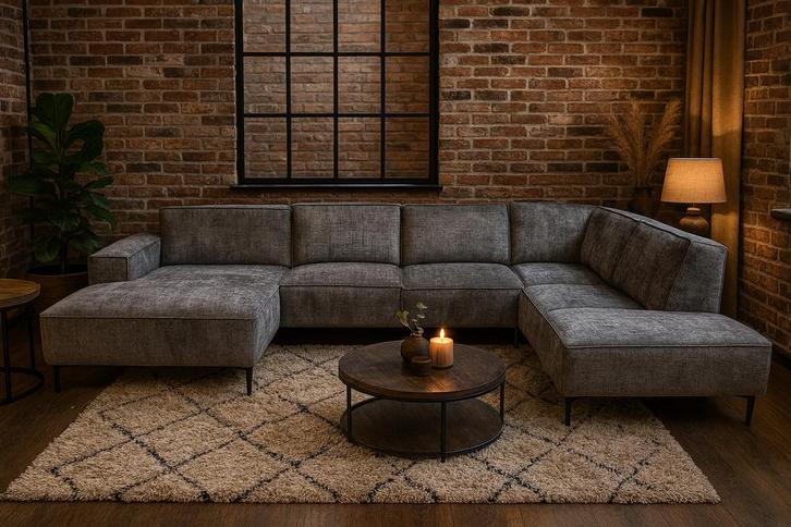 Hoekbank U-Vorm 345cm Grijs stof Direct/Leverbaar E-7225, Huis en Inrichting, Banken | Bankstellen, Nieuw, Hoekbank, Vierpersoons of meer