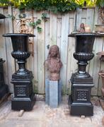 2 gietijzeren tuinvazen bloempotten op consoles, Ophalen, Zo goed als nieuw