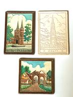 3 Porceleyne Fles tegels van Oostpoort  Delft, 1 biscuit, Ophalen of Verzenden