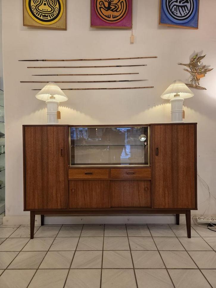 Vintage dressoir / highboard, teak, 1960’s Nederland, Huis en Inrichting, Kasten | Dressoirs, Gebruikt, 150 tot 200 cm, 25 tot 50 cm