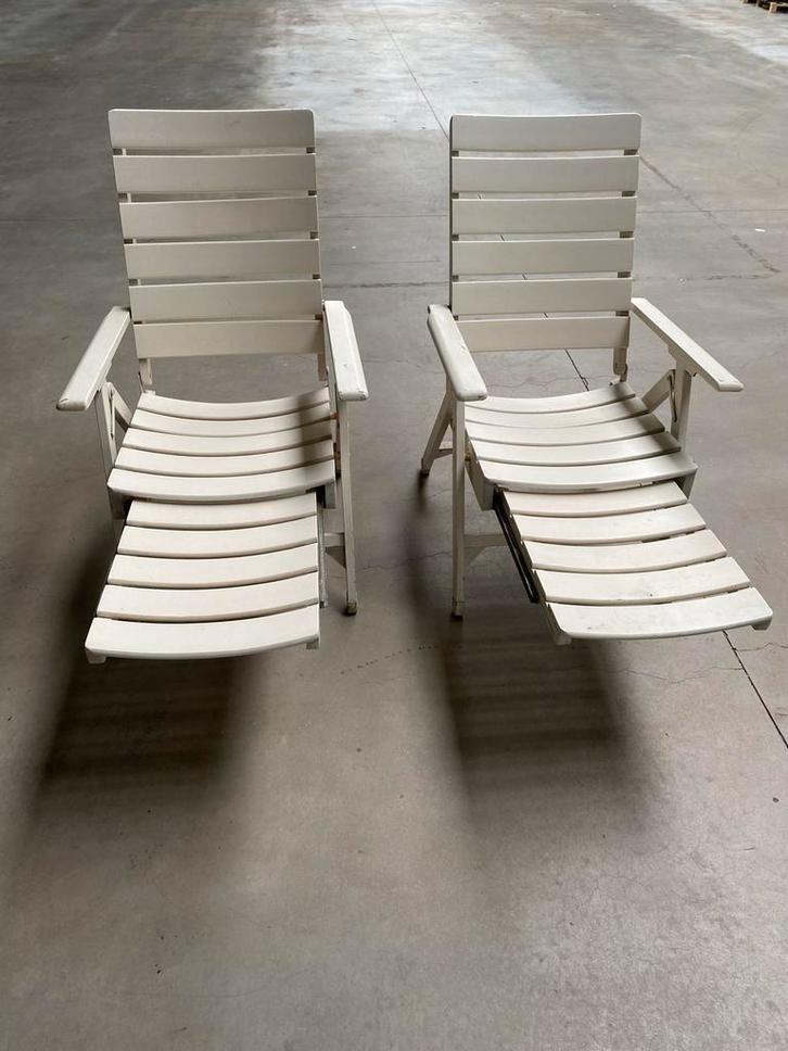 2 Hardhouten Tuinstoelen met Uitschuifbare Voetensteun, Tuin en Terras, Tuinstoelen, Gebruikt, Hout, Verstelbaar, Ophalen