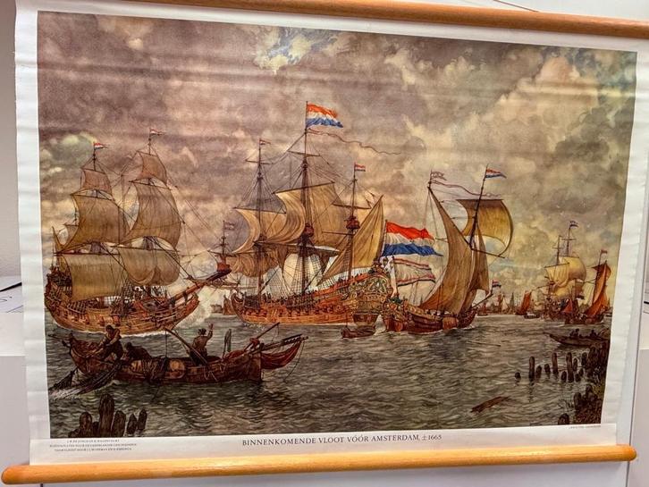 Historische schoolplaat Vloot voor Amsterdam 1665, Antiek en Kunst, Antiek | Schoolplaten, Geschiedenis, Ophalen of Verzenden