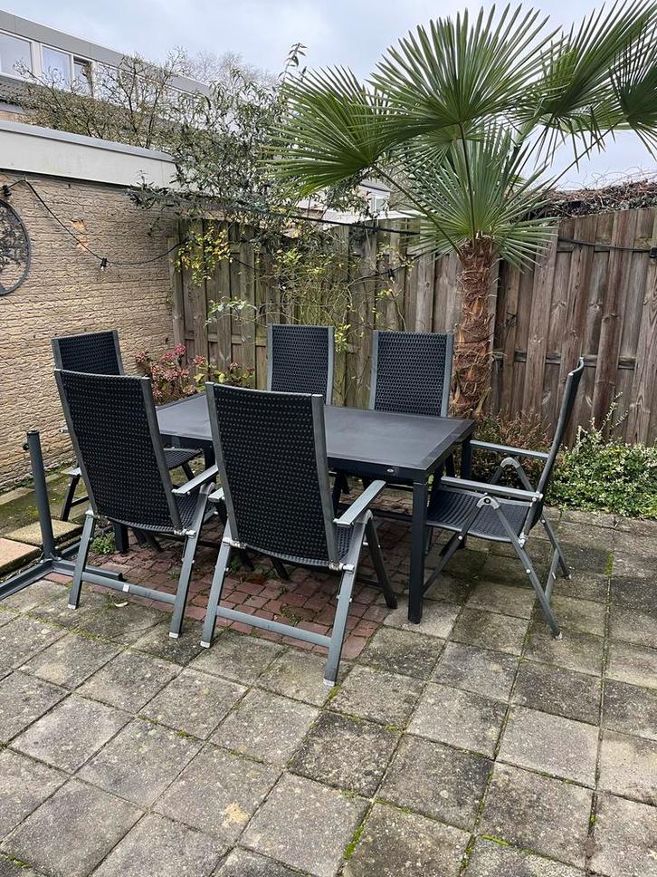 Tuinset met stenen tafelblad en 6 verstelbare stoelen, Tuin en Terras, Tuinsets en Loungesets, Gebruikt, Tuinset, Overige materialen