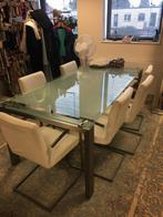 effezeta design glazen eetkamertafel 6 witte leren stoelen, Ophalen, Gebruikt, Disign, 4 tot 6 stoelen
