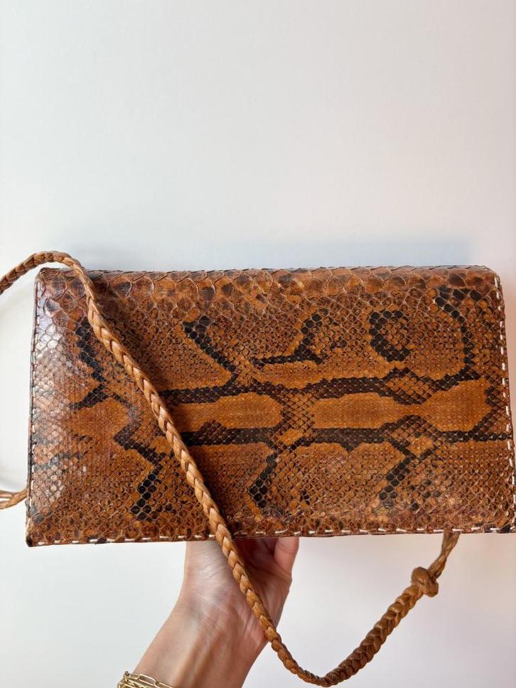 Vintage - Real leather snake bag, Sieraden, Tassen en Uiterlijk, Tassen | Damestassen, Gebruikt, Handtas, Bruin, Ophalen of Verzenden