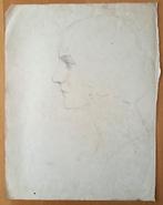 A493-29 Oude tekening vrouw en profil, achterkant aquarel, Antiek en Kunst, Kunst | Tekeningen en Foto's, Ophalen of Verzenden